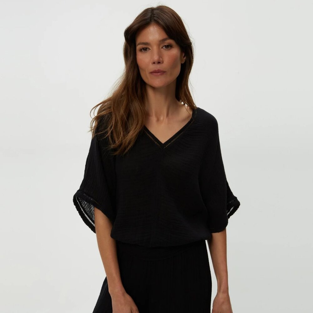 NEW Michael Stars Imani Cropped Dolman Sleeve Top Black Gauze Small